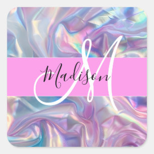 Girly roze holografische iriserende monogram naam vierkante sticker