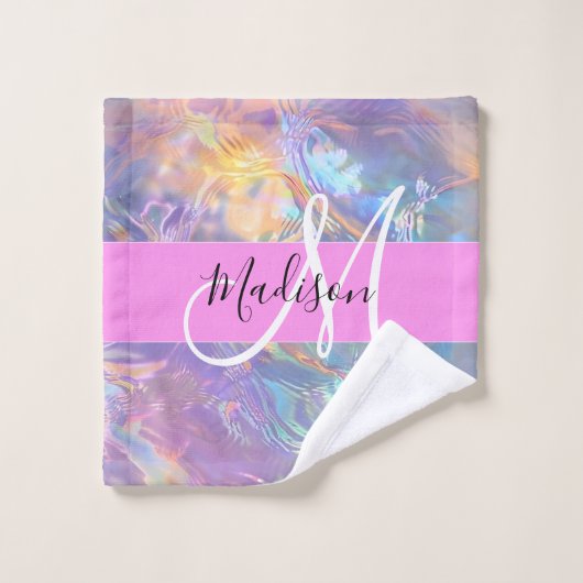 Girly roze holografische iriserende monogram naam washandje (Wasdoekje)