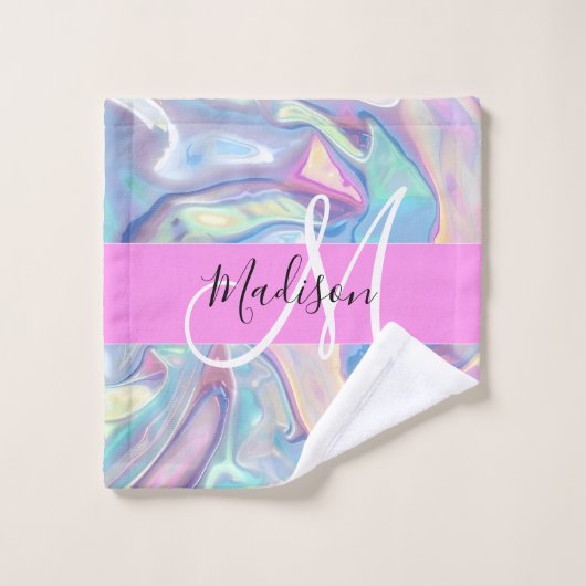 Girly roze holografische iriserende monogram naam washandje (Wasdoekje)