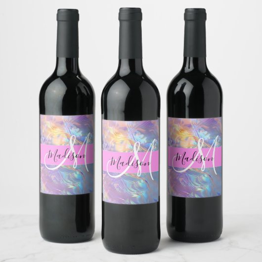 Girly roze holografische iriserende monogram naam wijn etiket (Flessen)