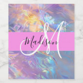 Girly roze holografische iriserende monogram naam wijn etiket (Enkel label)