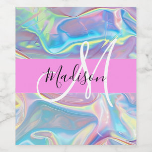 Girly roze holografische iriserende monogram naam wijn etiket