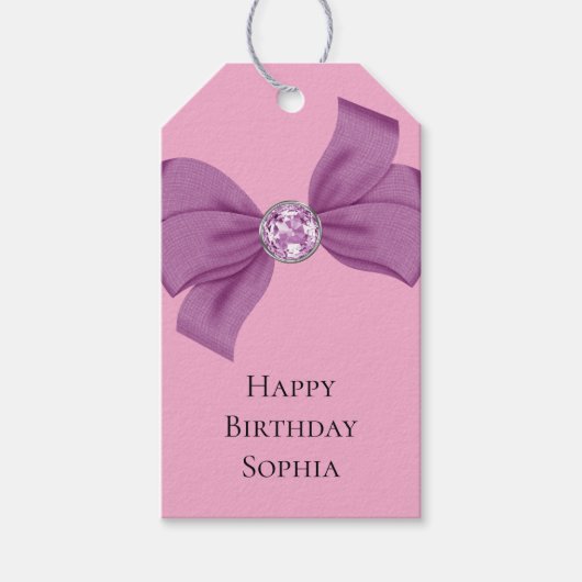 Girly Roze Juweel Paarse Boog Verjaardag Cadeaulabel (Voorkant)