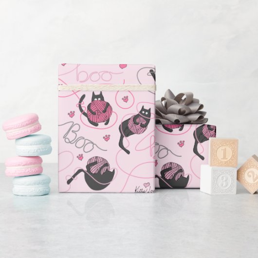 Girly Roze Kat Liefde Kittens en Yarn Tangle Kinde Cadeaupapier (Baby Shower)