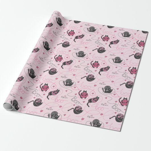 Girly Roze Kat Liefde Kittens en Yarn Tangle Kinde Cadeaupapier (Uitgerold)