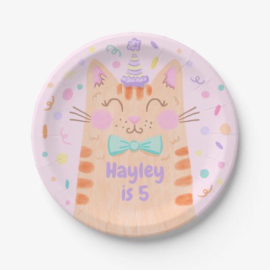 Girly Roze Kleurrijke Schattigee Kitty Cat Verjaar Papieren Bordje (Voorkant)