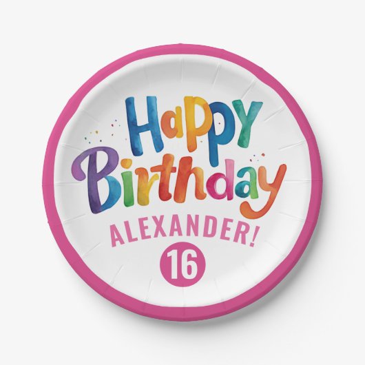 Girly Roze Kleurrijke Verjaardagsfeest Waterverf T Papieren Bordje (Voorkant)