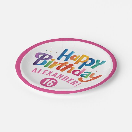 Girly Roze Kleurrijke Verjaardagsfeest Waterverf T Papieren Bordje (Gekanteld)