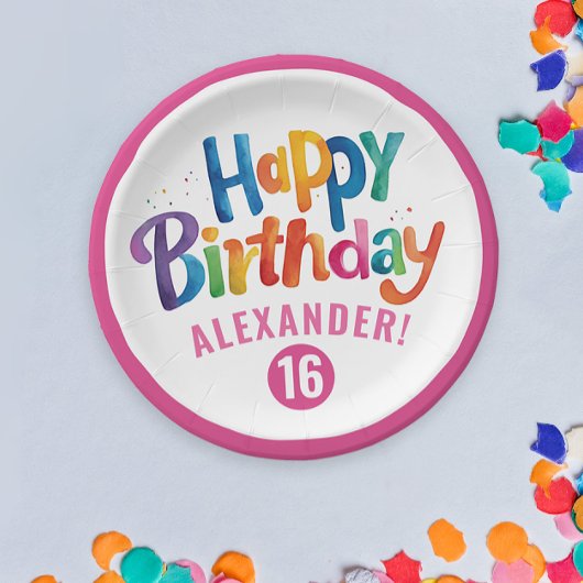 Girly Roze Kleurrijke Verjaardagsfeest Waterverf T Papieren Bordje