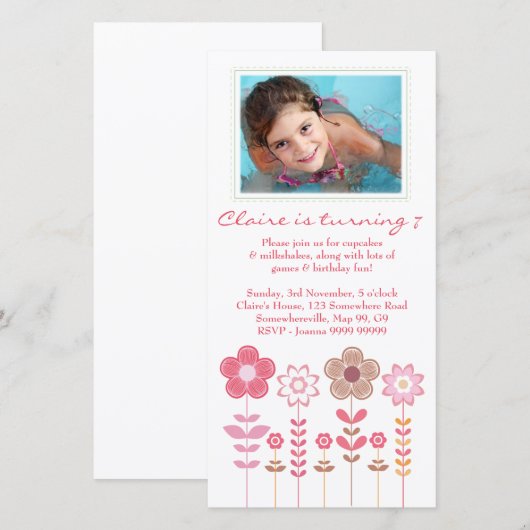 Girly Roze Meisjes Verjaardag Fotokaart Sjabloon (Voorkant / Achterkant)