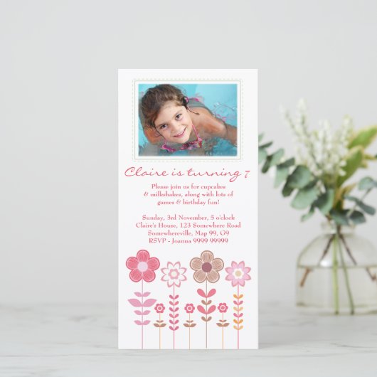 Girly Roze Meisjes Verjaardag Fotokaart Sjabloon (Staand voorkant)