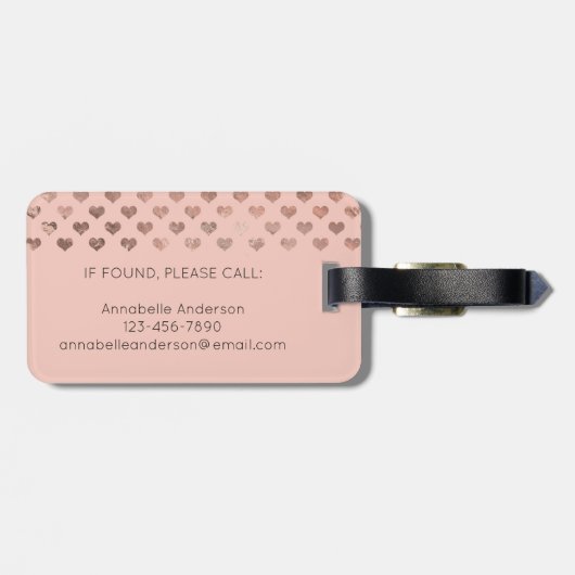 Girly Roze Metallic Koper Harten Script Monogram Bagagelabel (Achterkant horizontaal)