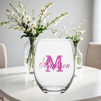 Girly roze monogram en naam wijnglas zonder voet