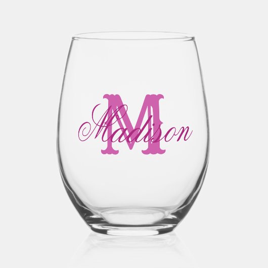 Girly roze monogram en naam wijnglas zonder voet (Voorkant)