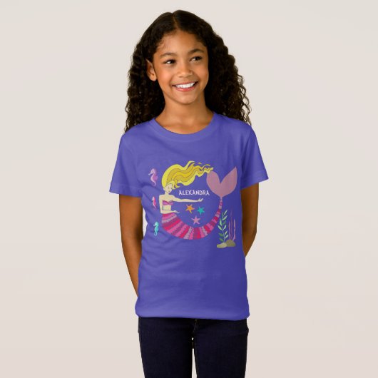 Girly roze Paarse zeemeermin onder de naam Zee T-shirt (Voorkant volledig)