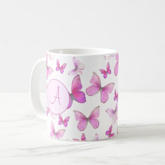 Girly Roze Pastel Vlinders Custom Monogrammed Koffiemok (Voorkant links)
