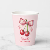 Girly Roze Rode Coquette Cherry Eerste 1e Verjaard Papieren Bekers (Achterkant)