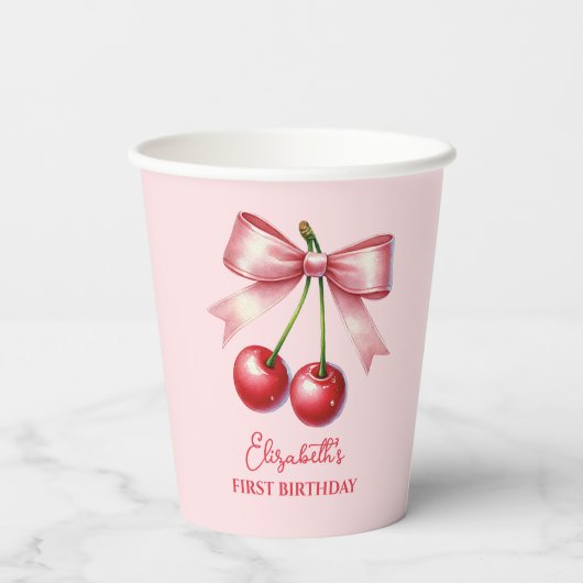 Girly Roze Rode Coquette Cherry Eerste 1e Verjaard Papieren Bekers (Achterkant)