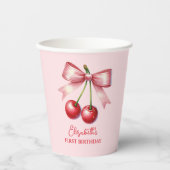 Girly Roze Rode Coquette Cherry Eerste 1e Verjaard Papieren Bekers (Voorkant)