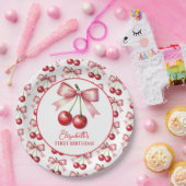 Girly Roze Rode Coquette Cherry Eerste 1e Verjaard Papieren Bordje (Feest)