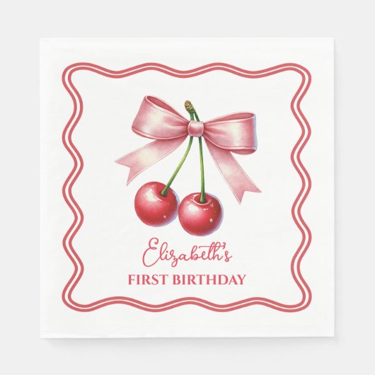 Girly Roze Rode Coquette Cherry Eerste 1e Verjaard Servet (Voorkant)