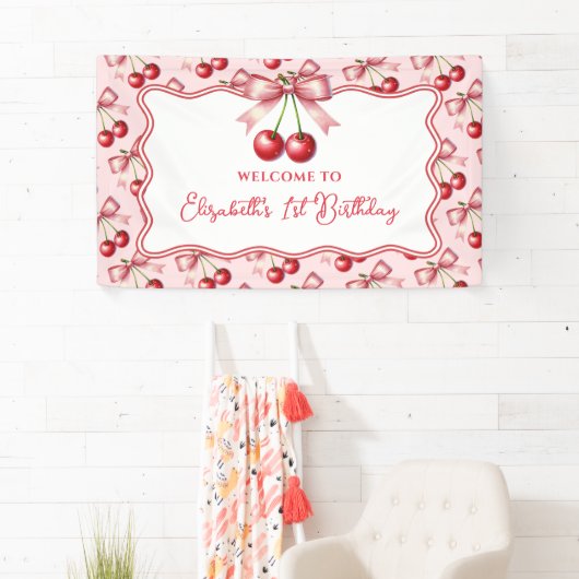 Girly Roze Rode Coquette Cherry Eerste 1e Verjaard Spandoek (Insitu)