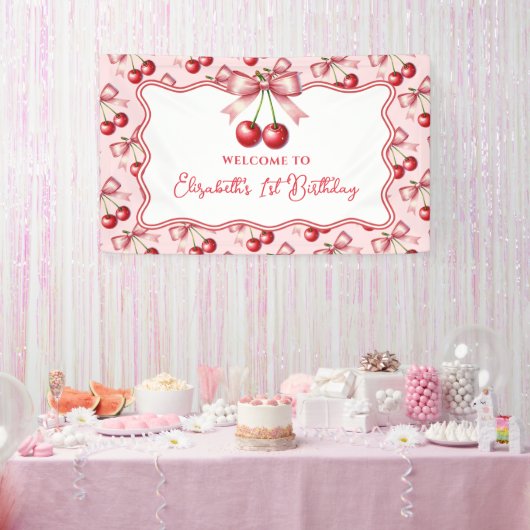 Girly Roze Rode Coquette Cherry Eerste 1e Verjaard Spandoek (Feest)