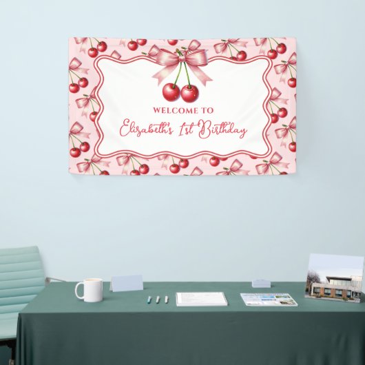 Girly Roze Rode Coquette Cherry Eerste 1e Verjaard Spandoek (Beurs)