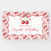 Girly Roze Rode Coquette Cherry Eerste 1e Verjaard Spandoek (Horizontaal)