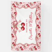 Girly Roze Rode Coquette Cherry Eerste 1e Verjaard Spandoek (Verticaal)