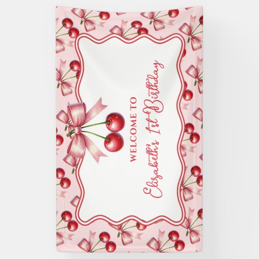 Girly Roze Rode Coquette Cherry Eerste 1e Verjaard Spandoek (Verticaal)