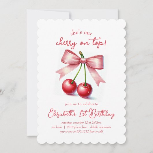 Girly Roze Rode Coquette Cherry Eerste Verjaardag Kaart (Voorkant)