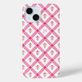 Girly Roze & Rood Patroon met Initialen iPhone 15 Case