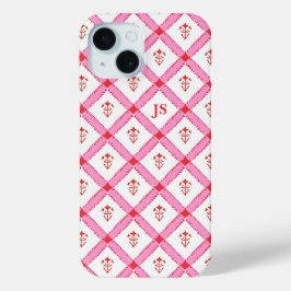 Girly Roze & Rood Patroon met Initialen iPhone 15 Case