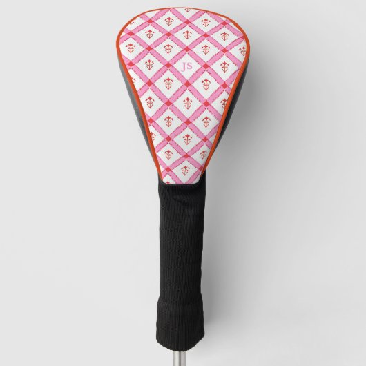 Girly Roze & Rood Patroon met Initialen Golfheadcover (Voorkant)