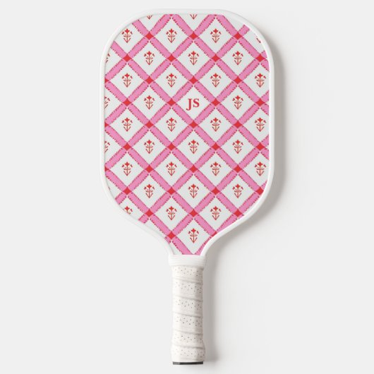Girly Roze & Rood Patroon met Initialen Pickleball Paddle (Voorkant)