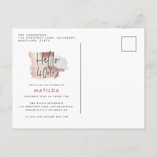 Girly roze roos goud moderne 40e verjaardag uitnodiging briefkaart (Achterkant)