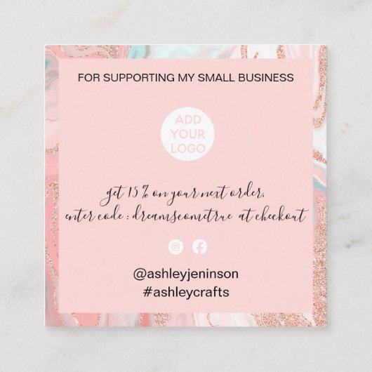 Girly roze rose goud glitter marmer chic bedankt vierkante visitekaartje (Achterkant)
