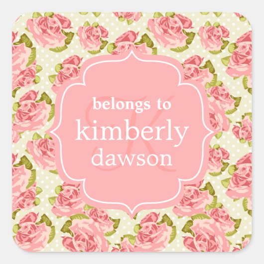 Girly Roze Rozen Monogram Vierkante Sticker (Voorkant)