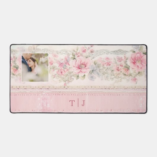Girly Roze Rozen w / Foto & Monogram Bureaumat (Voorkant)