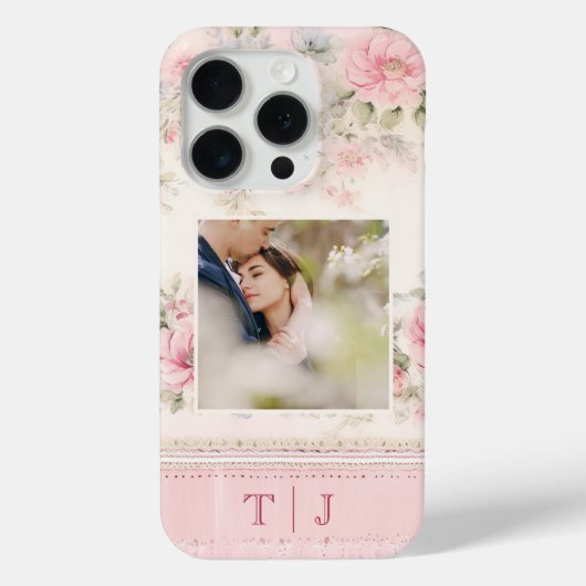 Girly Roze Rozen w / Foto & Monogram Case-Mate iPhone Case (Achterkant)
