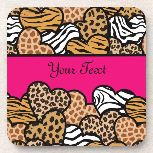 Girly Roze Speelse Dierenprint Harten Naam Bier Onderzetter (Voorkant)