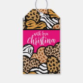 Girly Roze Speelse Dierenprint Harten Naam Cadeaulabel (Voorkant)