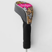 Girly Roze Speelse Dierenprint Harten Naam Golfheadcover (Schuin)