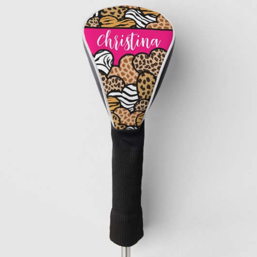 Girly Roze Speelse Dierenprint Harten Naam Golfheadcover (Voorkant)