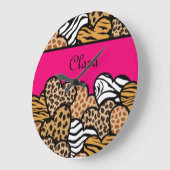 Girly Roze Speelse Dierenprint Harten Naam Grote Klok (Hoek)