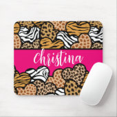 Girly Roze Speelse Dierenprint Harten Naam Muismat (Met muis)