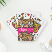 Girly Roze Speelse Dierenprint Harten Naam Pokerkaarten