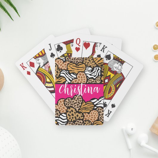 Girly Roze Speelse Dierenprint Harten Naam Pokerkaarten