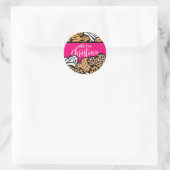 Girly Roze Speelse Dierenprint Harten Naam Ronde Sticker (Tas)